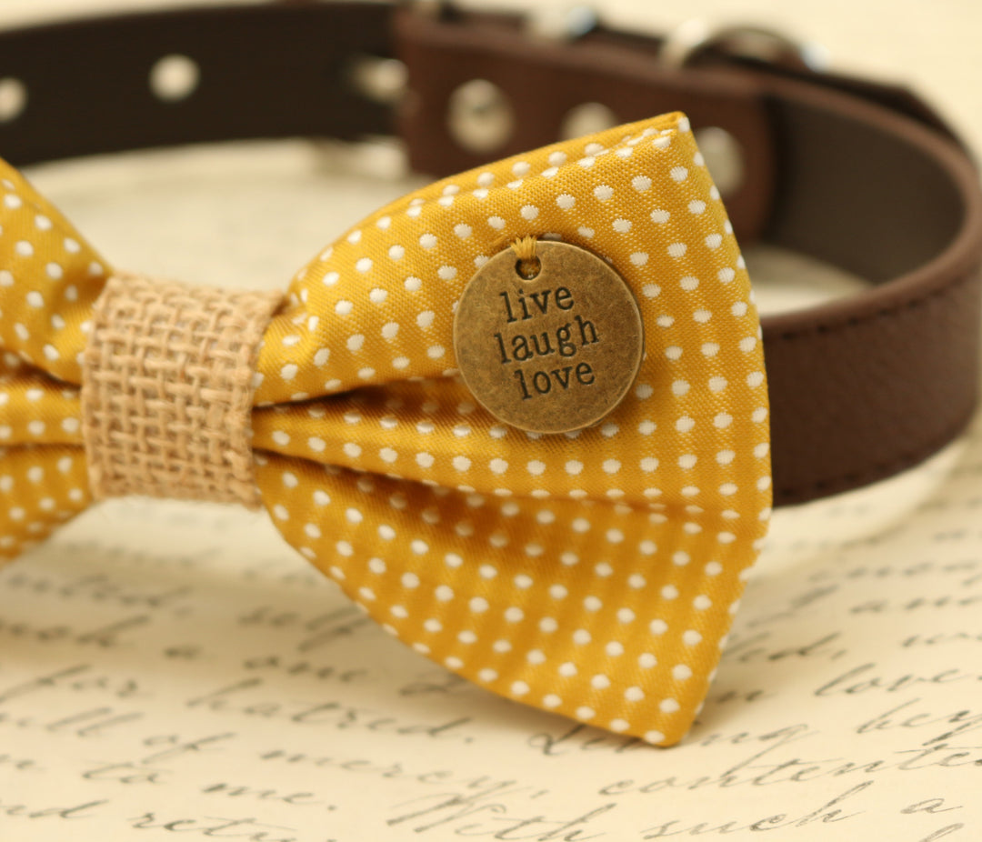 Mustard Dog Bow Tie attached to brown dog collar, Burlap wedding , Wedding dog collar