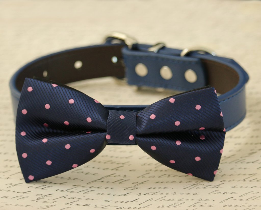 Navy Dog Bow Tie, Polka dots bow, Pet accessory, Navy and Lavender wedding , Wedding dog collar