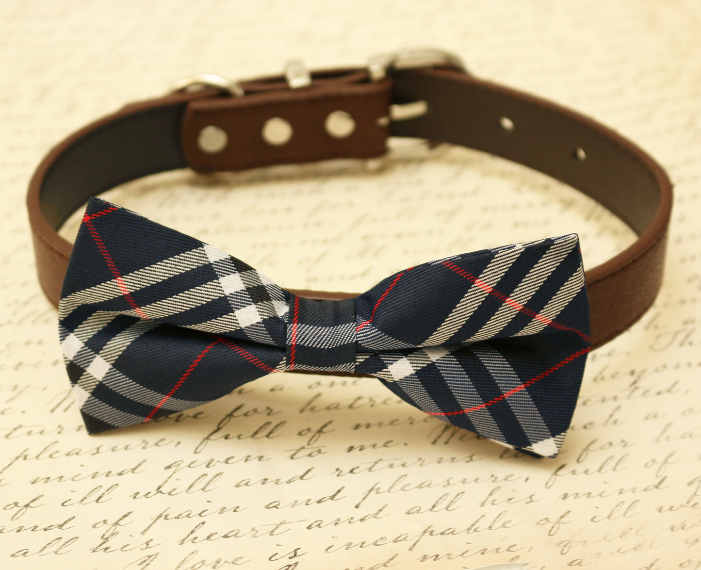 Navy and brown dog bow tie collar, Plaid Pet wedding, Gift , Wedding dog collar