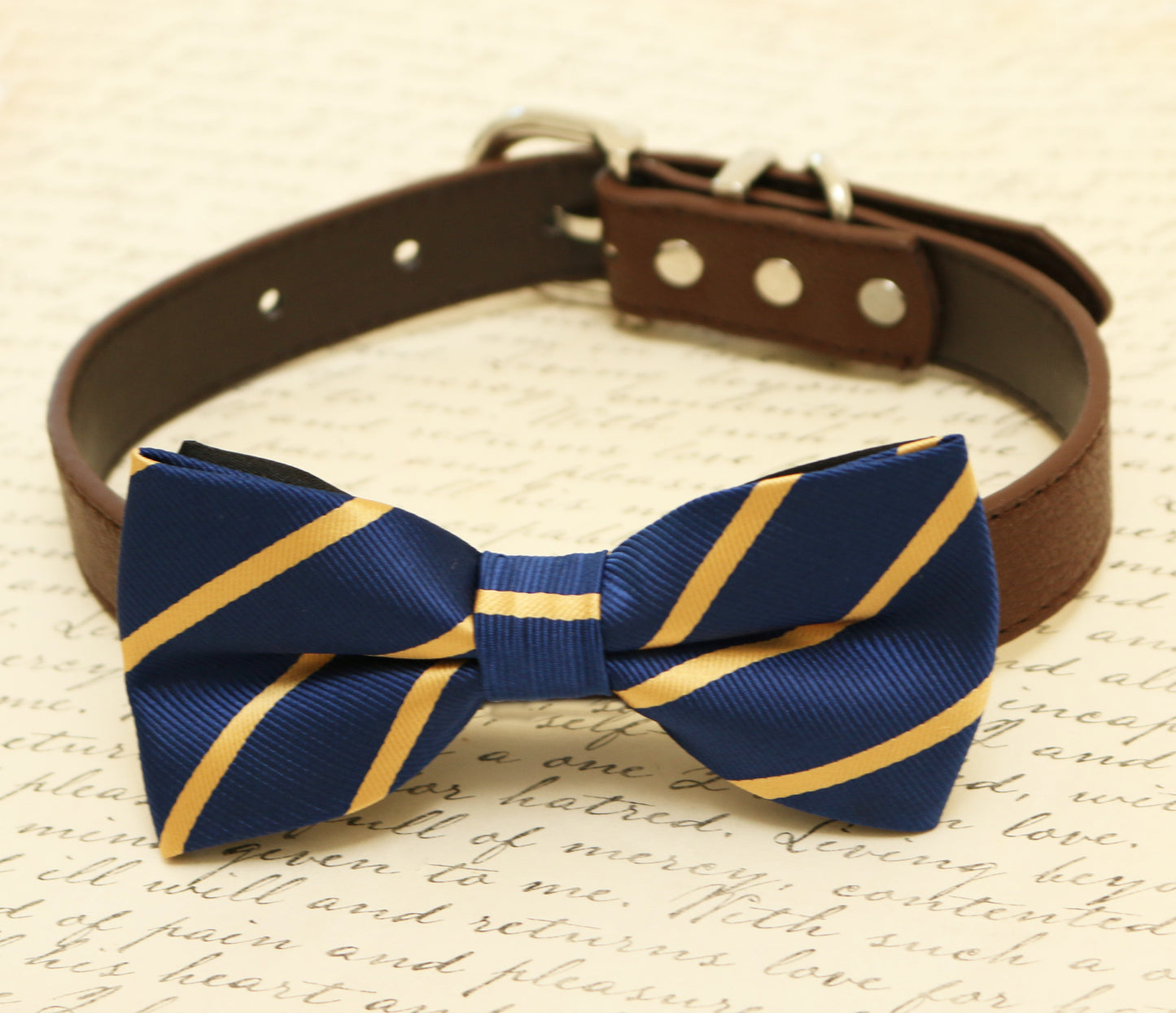 Navy dog bow tie attached to collar, pet wedding, Navy and gold wedding , Wedding dog collar