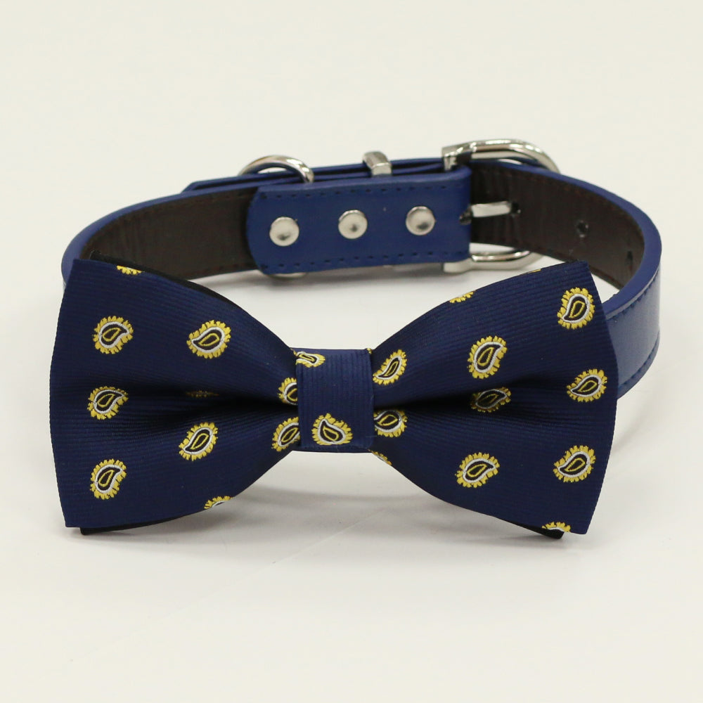 Navy Gold dog bow tie collar, Navy leather dog collar, Black, Gray, Brown, Ivory, Orange, blue, navy dog collar, Boy dog collar, Handmade , Wedding dog collar