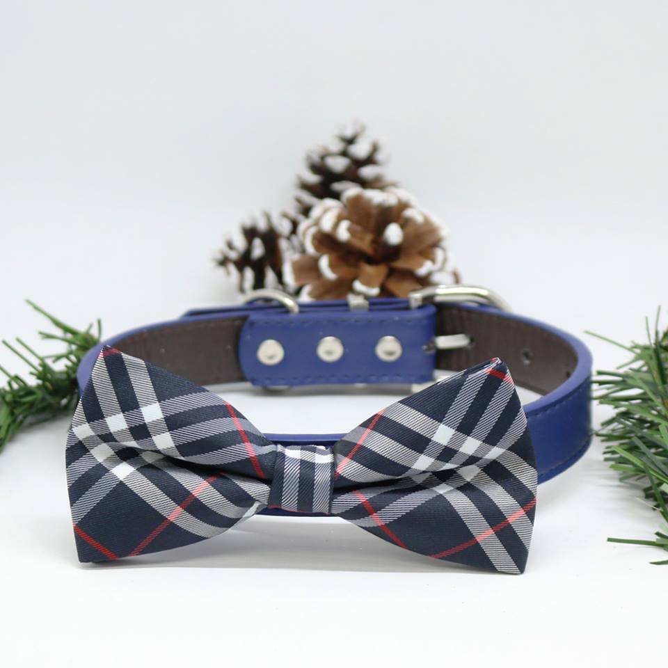 Plaid dog Navy bow tie Collar, Wedding lovers, dog birthday gift, Christmas Pet accessory , Wedding dog collar