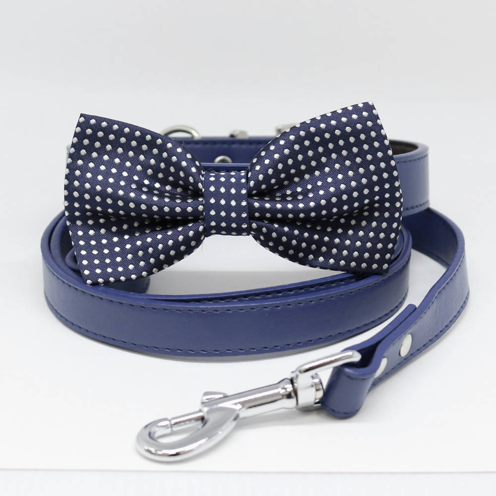 Dog Bow Tie collar and Leash, Navy Bow tie, Handmade, Dog ring bearer, Pet wedding, Something blue , Wedding dog collar