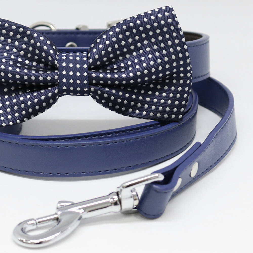 Dog Bow Tie collar and Leash, Navy Bow tie, Handmade, Dog ring bearer, Pet wedding, Something blue , Wedding dog collar
