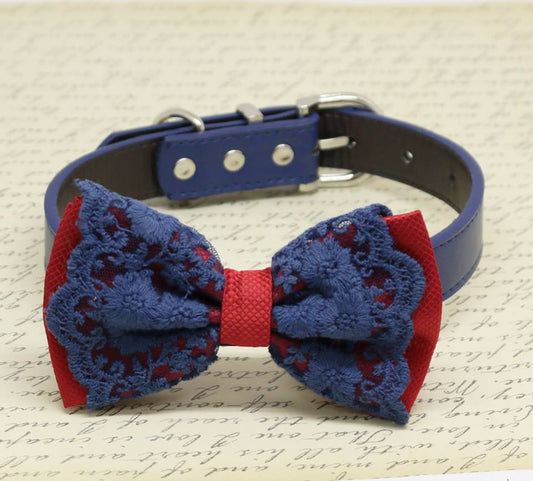 Red and Navy Lace dog bow tie collar, Pet wedding accessory, Puppy Love, Birthday Gifts , Wedding dog collar