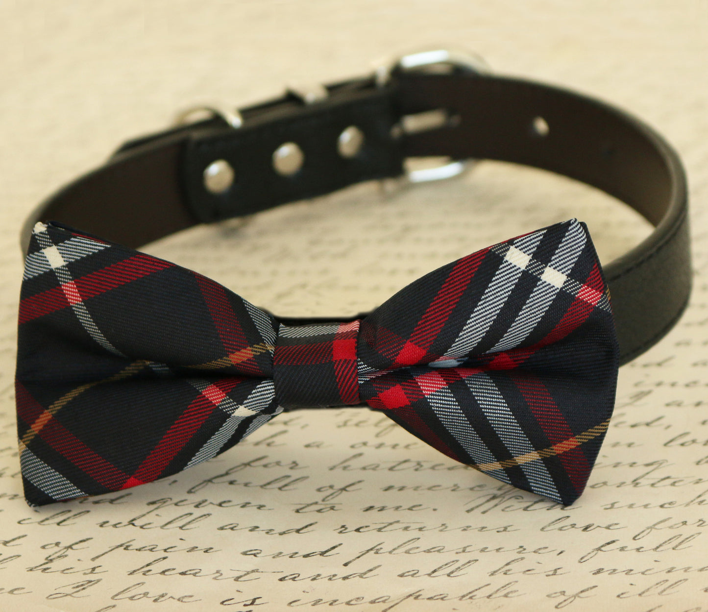 Navy Dog Bow Tie attached to collar, Pet wedding accessory, Plaid , Wedding dog collar