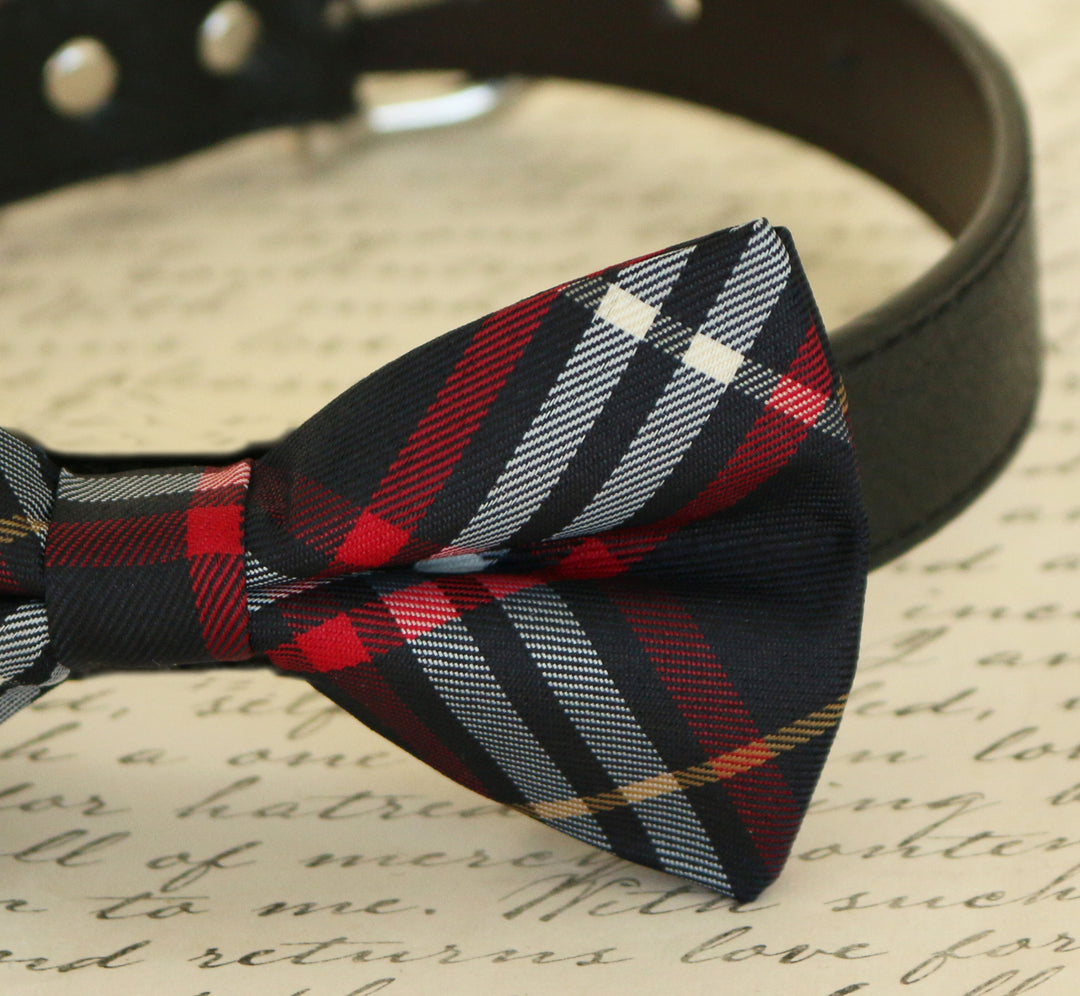 Navy Dog Bow Tie attached to collar, Pet wedding accessory, Plaid , Wedding dog collar