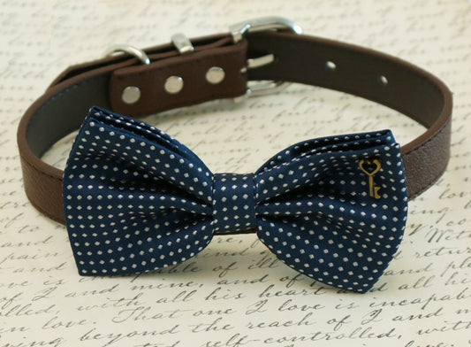 Navy Polka dots dog Bow tie attached to collar, Pet wedding, charm , Wedding dog collar
