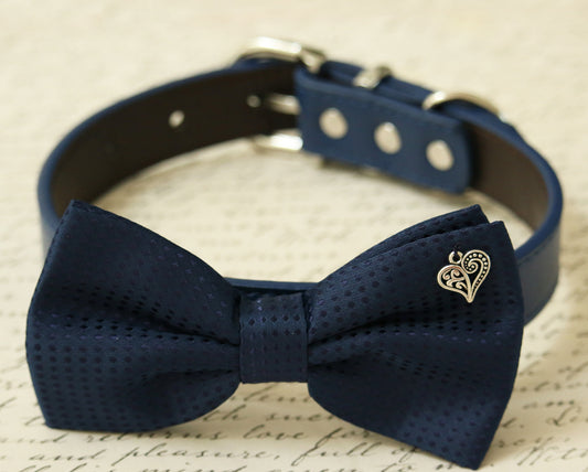 Navy dog bow tie collar, Pet accessory, heart charm, navy wedding dog bow tie , Wedding dog collar