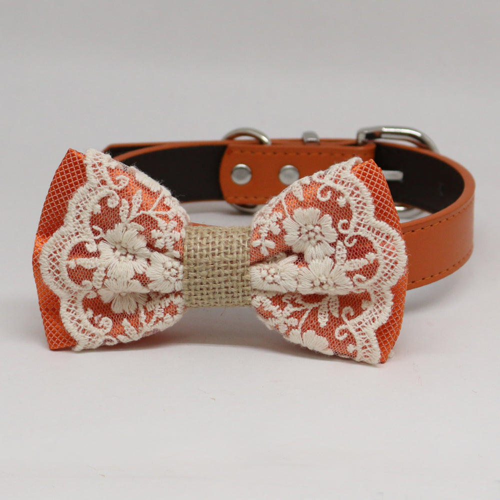 Orange Dog Bow Tie collar, Lace and Burlap, Handmade dog collar, Orange Lace bow tie , Wedding dog collar