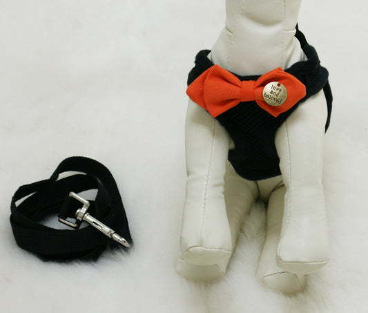 Black Dog Harness with orange bow and a black leash , Wedding dog collar