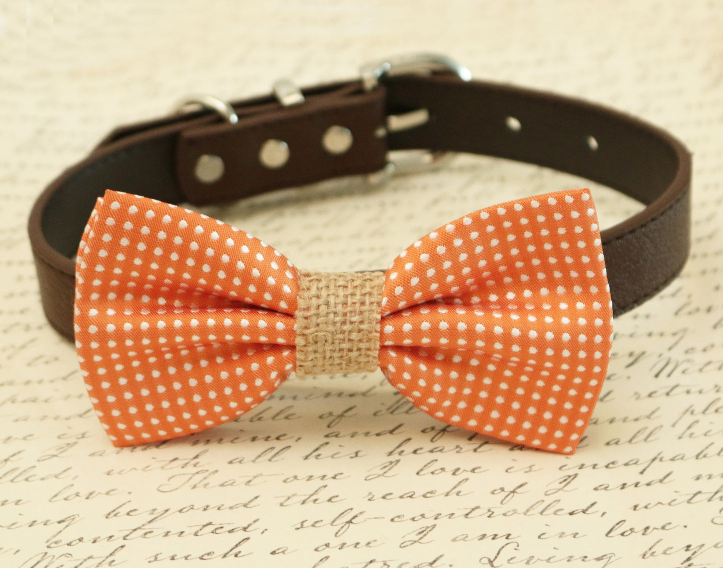 Orange Dog Bow tie attached to collar, Burlap wedding, pet wedding accessory , Wedding dog collar