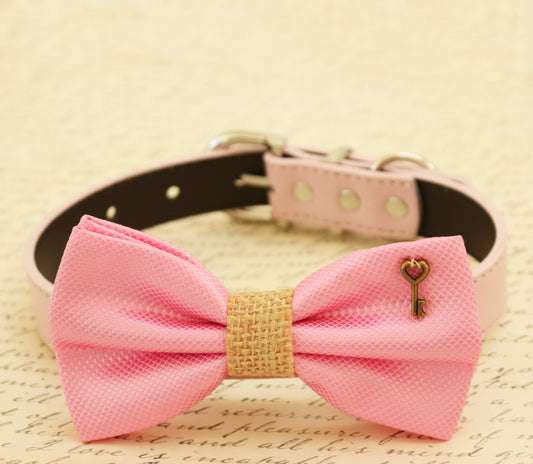 Pink Dog Bow Tie attached to dog collar, Burlap, Charm, pet wedding, color of the year , Wedding dog collar