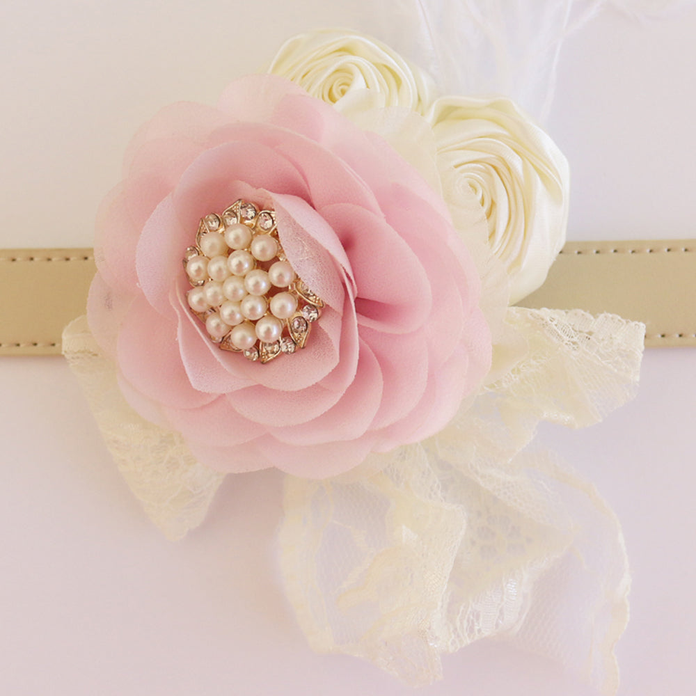 Pink flower dog collar, Handmade pearl beaded feather flower leather collar, Dog ring bearer proposal, S to XXL collar , Wedding dog collar