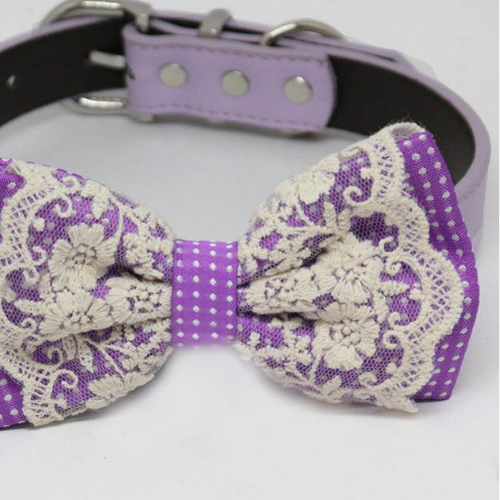 Purple polka dots lace Bow tie collar, Girl dog collar, M to XXL collar, Lilac white gray leather collar , Wedding dog collar