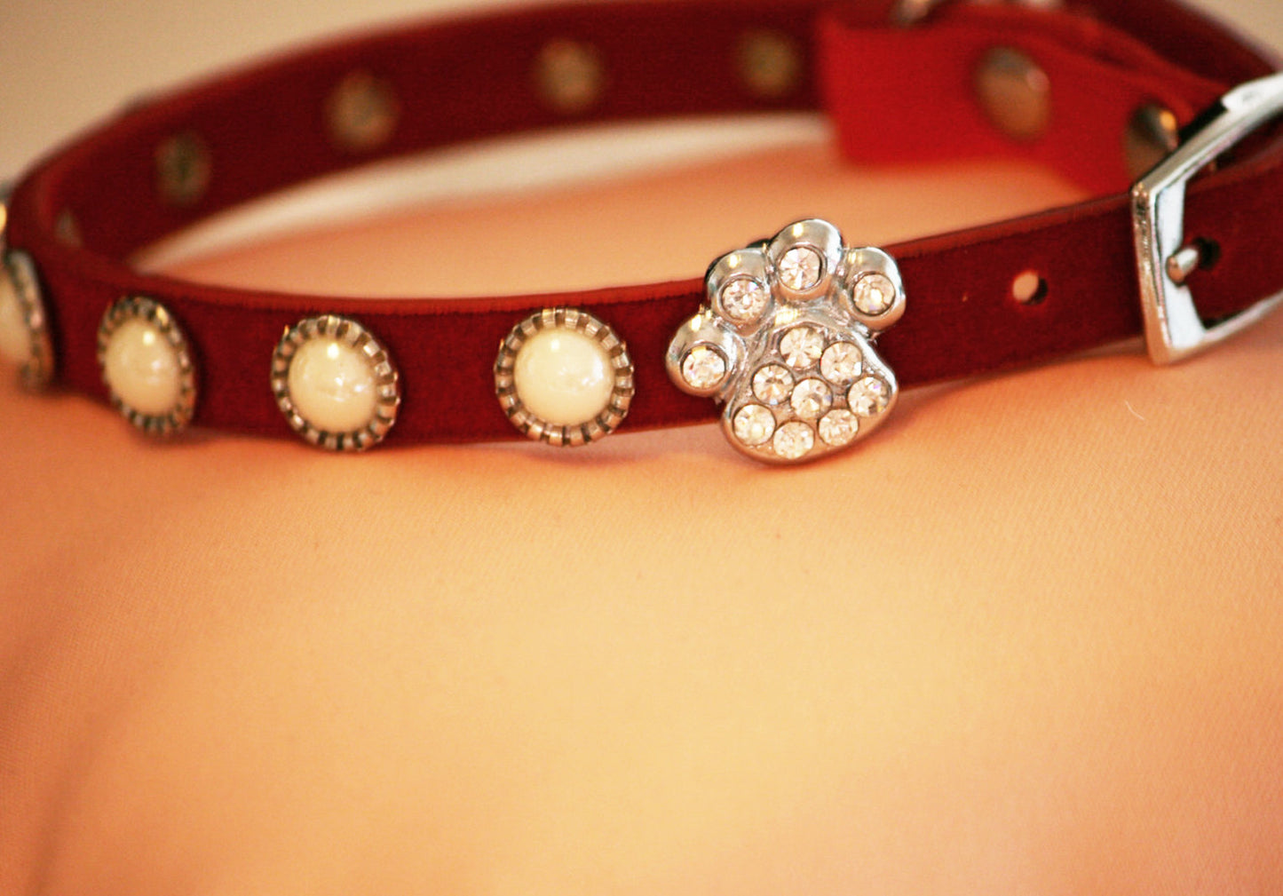 Pearl Beaded Dog Collar, Pearl Dog collar, Cute Red Collar with Cute Small Rhinestone Paw, Small Dog. Love Red , Wedding dog collar