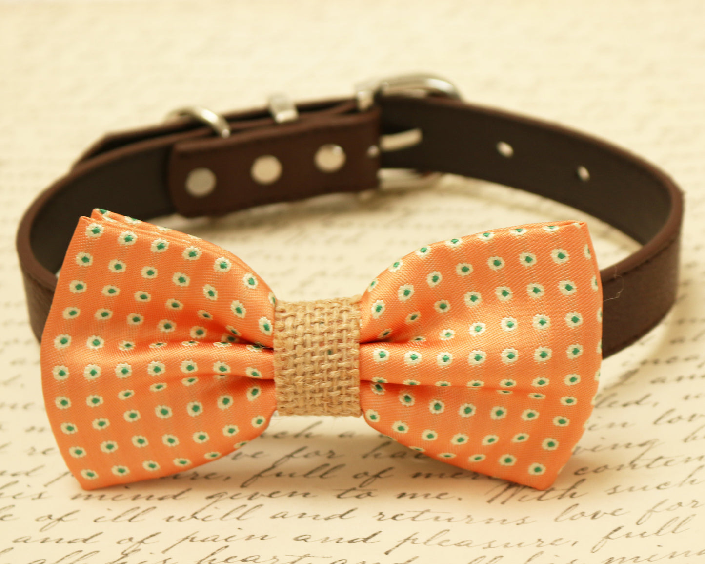 Peach dog bow tie attached to collar, Pet Wedding, Dog lovers , Wedding dog collar