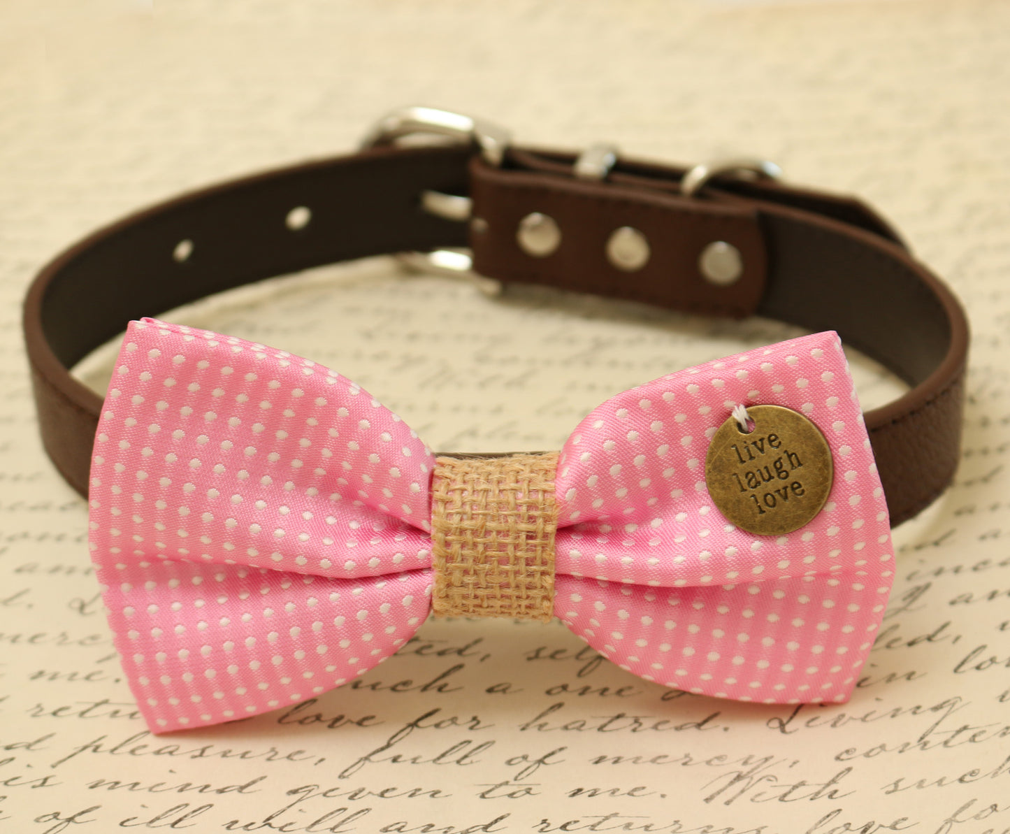 Pink Dog Bow Tie attached to collar, Burlap, Cat bow, charm Live, Love, Laugh , Wedding dog collar