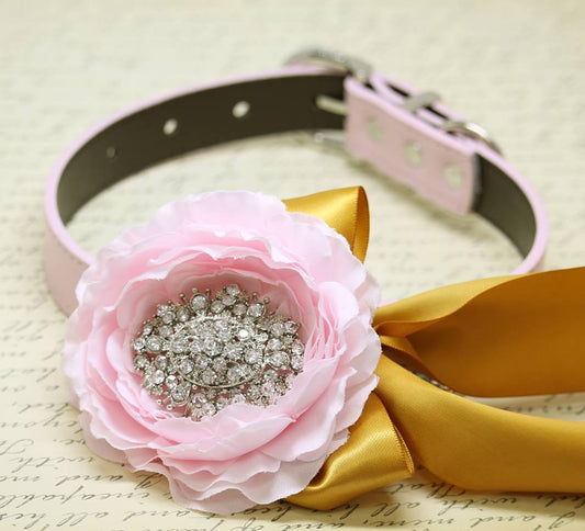Peonies Floral Pink Gold Wedding Dog Collar Rhinestone, Floral Pink, Beach Pet Wedding , Wedding dog collar