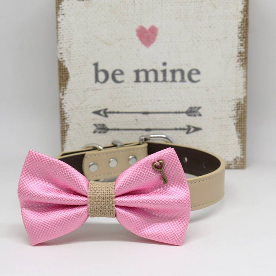 Pink and Burlap Dog Bow tie Collar, Charm (Key to my Heart), Pet wedding , Wedding dog collar