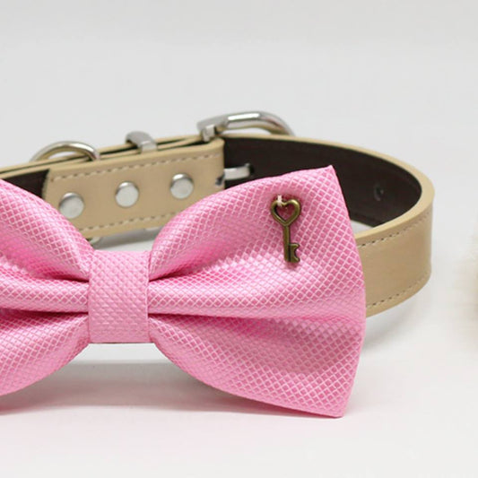 Pink Dog Bow tie Collar, Charm (Key to my Heart), Pet wedding, Puppy Love , Wedding dog collar