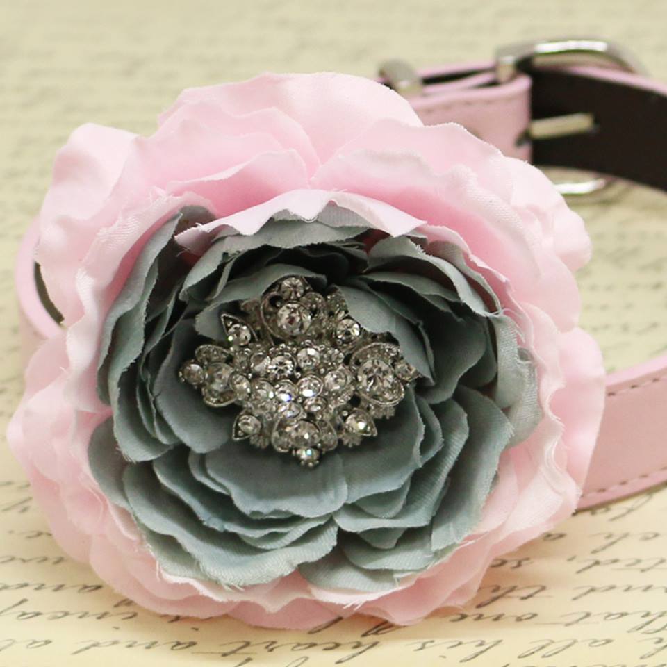 Flower Handmade Dog Collar, Pink and Gray, Beaded Dog Collar, Wedding Pet accessory, Puppy Love, Peony , Wedding dog collar