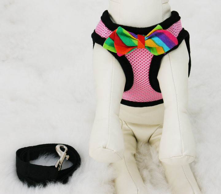 Pink Dog Harness with colorful bow and a black leash, colorful bow tie , Wedding dog collar