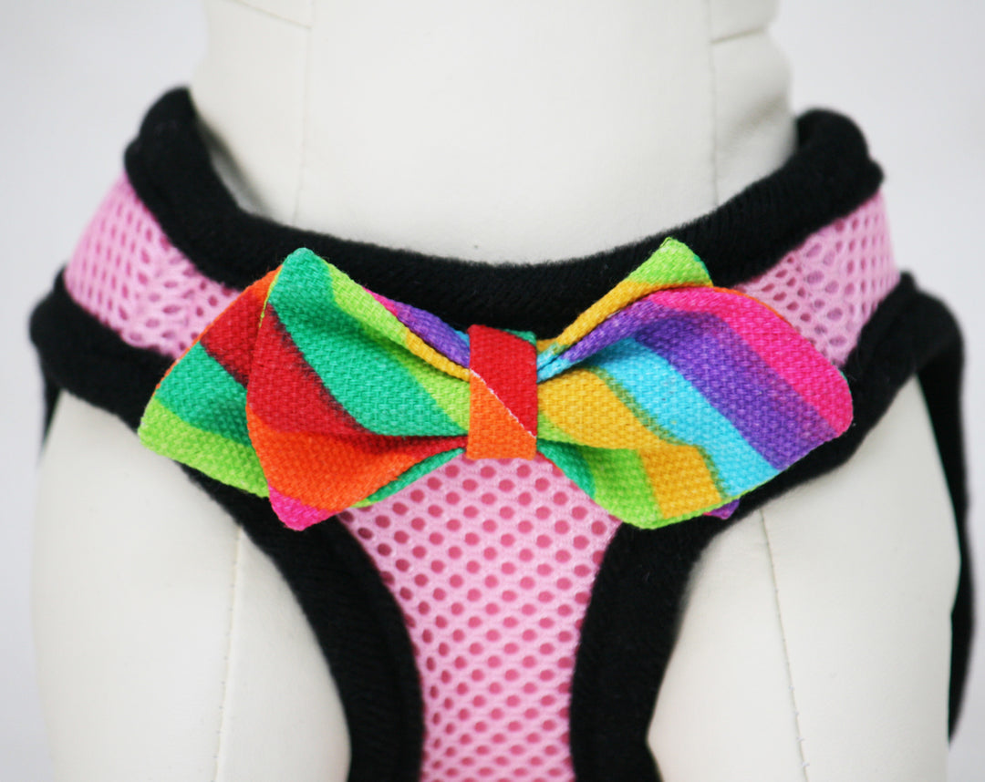 Pink Dog Harness with colorful bow and a black leash, colorful bow tie , Wedding dog collar