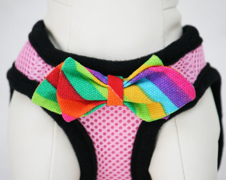 Pink Dog Harness with colorful bow and a black leash, colorful bow tie , Wedding dog collar