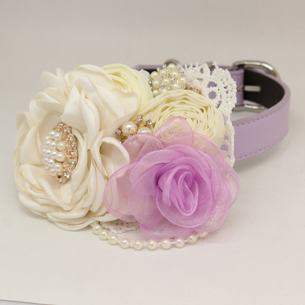Patience Ivory Lavender Flower dog collar, Pet wedding accessory, Pearls Rhinestone , Wedding dog collar