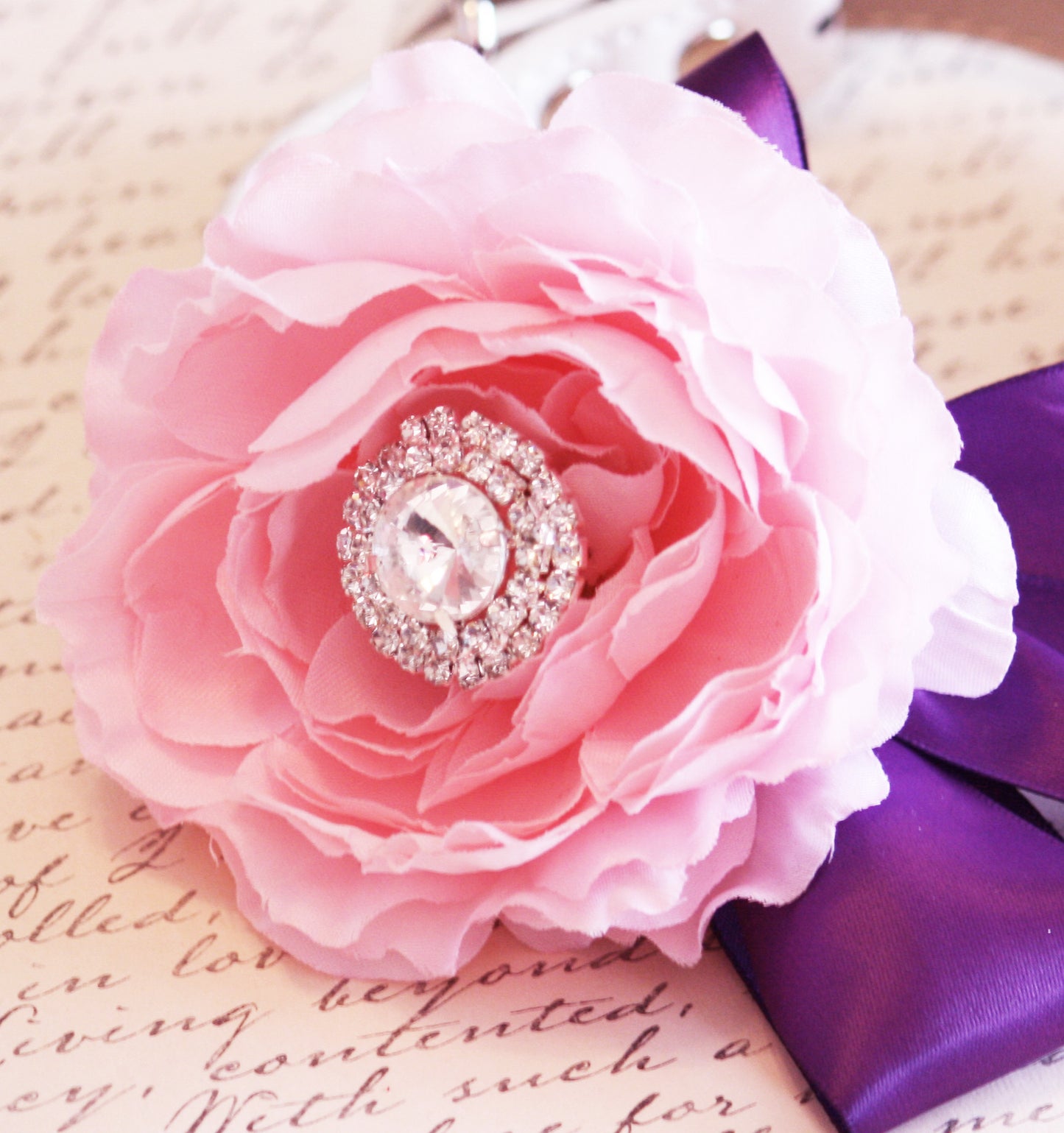 Pink Peonies and Purple Floral Dog Collar, Wedding Accessory, flower and Rhinestone , Wedding dog collar