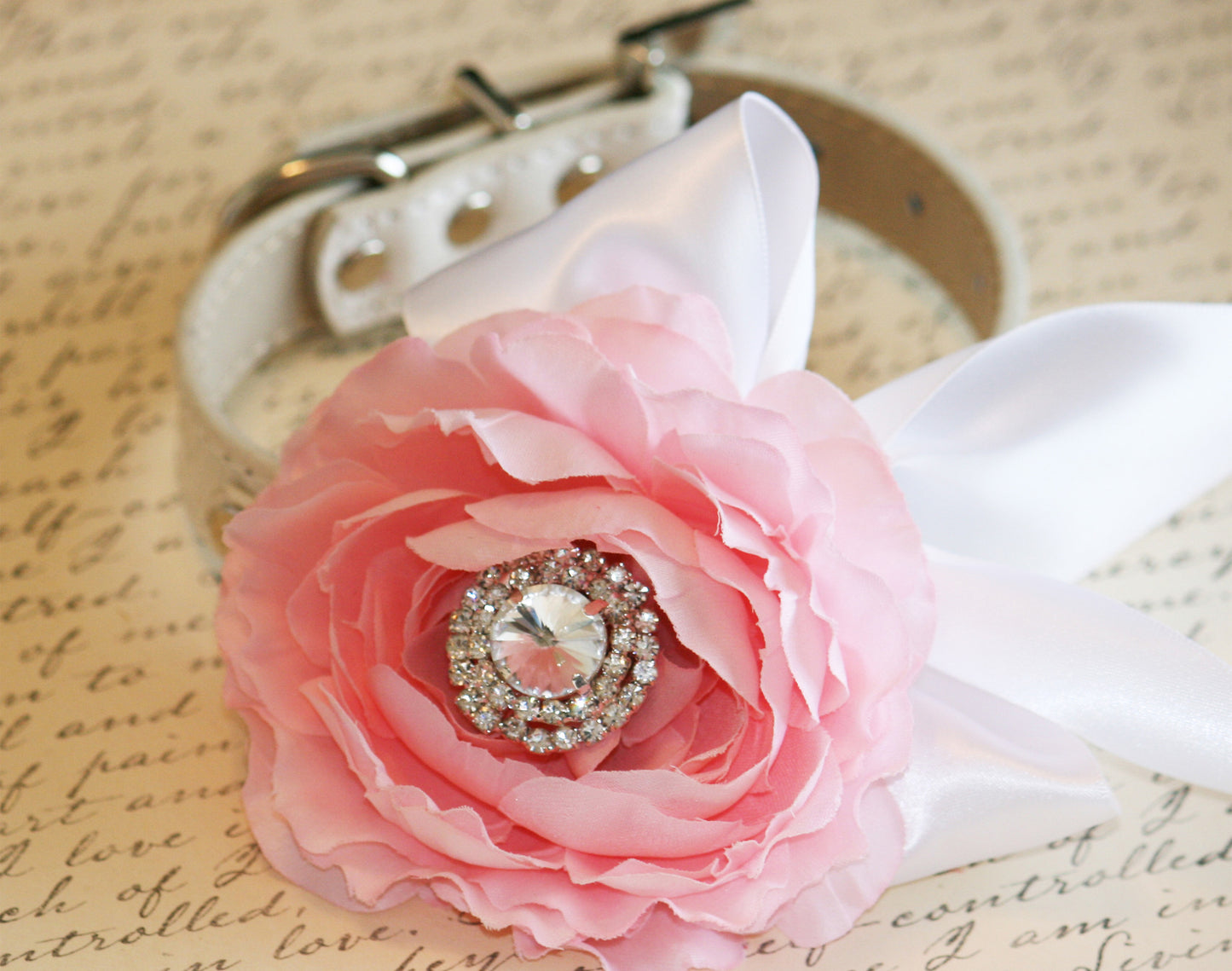 Pink Peony and White Floral Dog Collar, Pet Wedding , Wedding dog collar