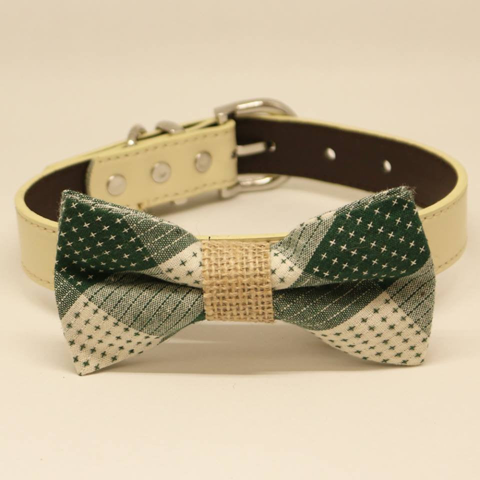 Plaid Dog Bow tie collar, Green, Rustic, Pet wedding accessory, Burlap , Wedding dog collar
