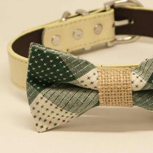 Plaid Dog Bow tie collar, Green, Rustic, Pet wedding accessory, Burlap , Wedding dog collar