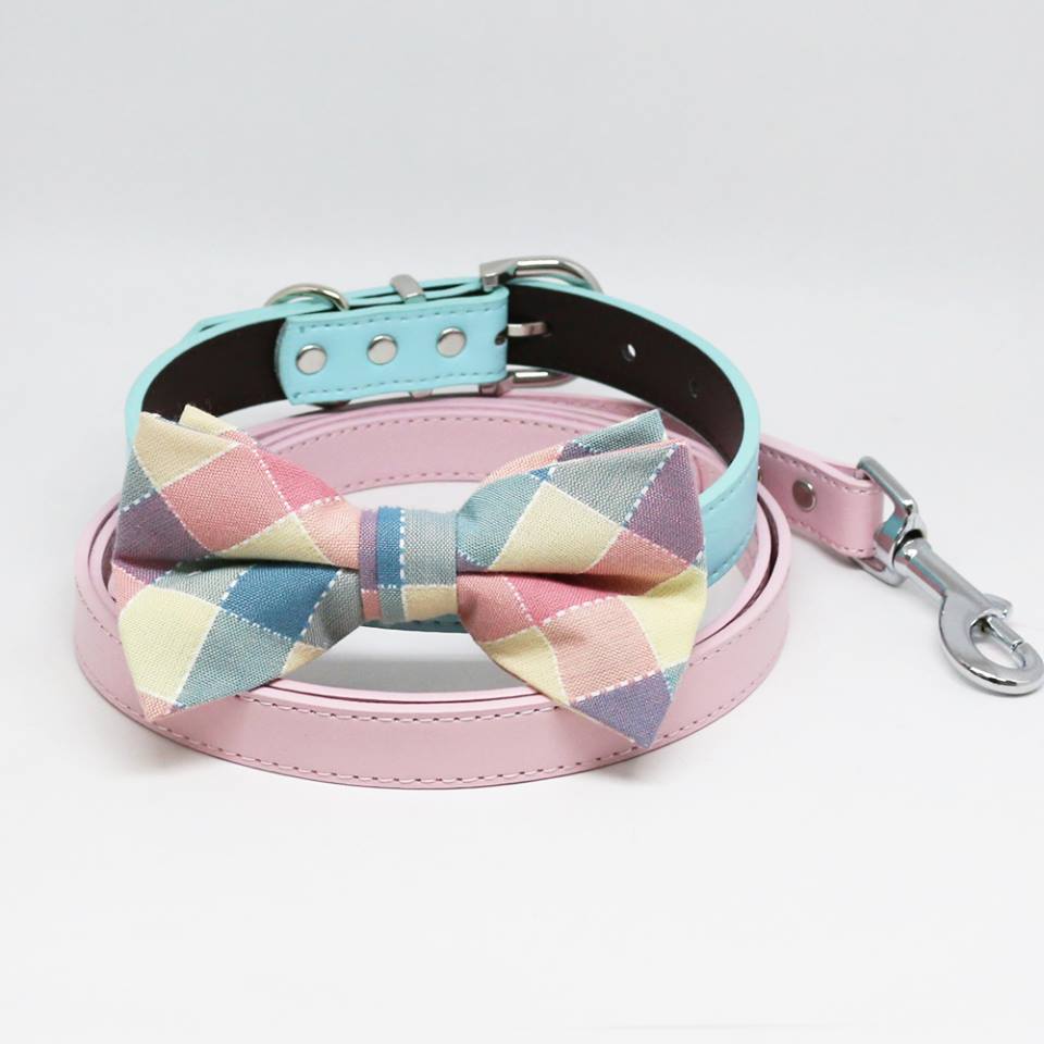 Plaid Pink Blue Bow tie Collar Pink Leash, Handmade, Puppy Gift, Dogs wedding, Pet accessory , Wedding dog collar
