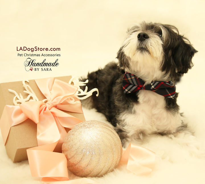 Navy Dog Bow Tie attached to collar, Pet accessory, Plaid Red wedding , Wedding dog collar