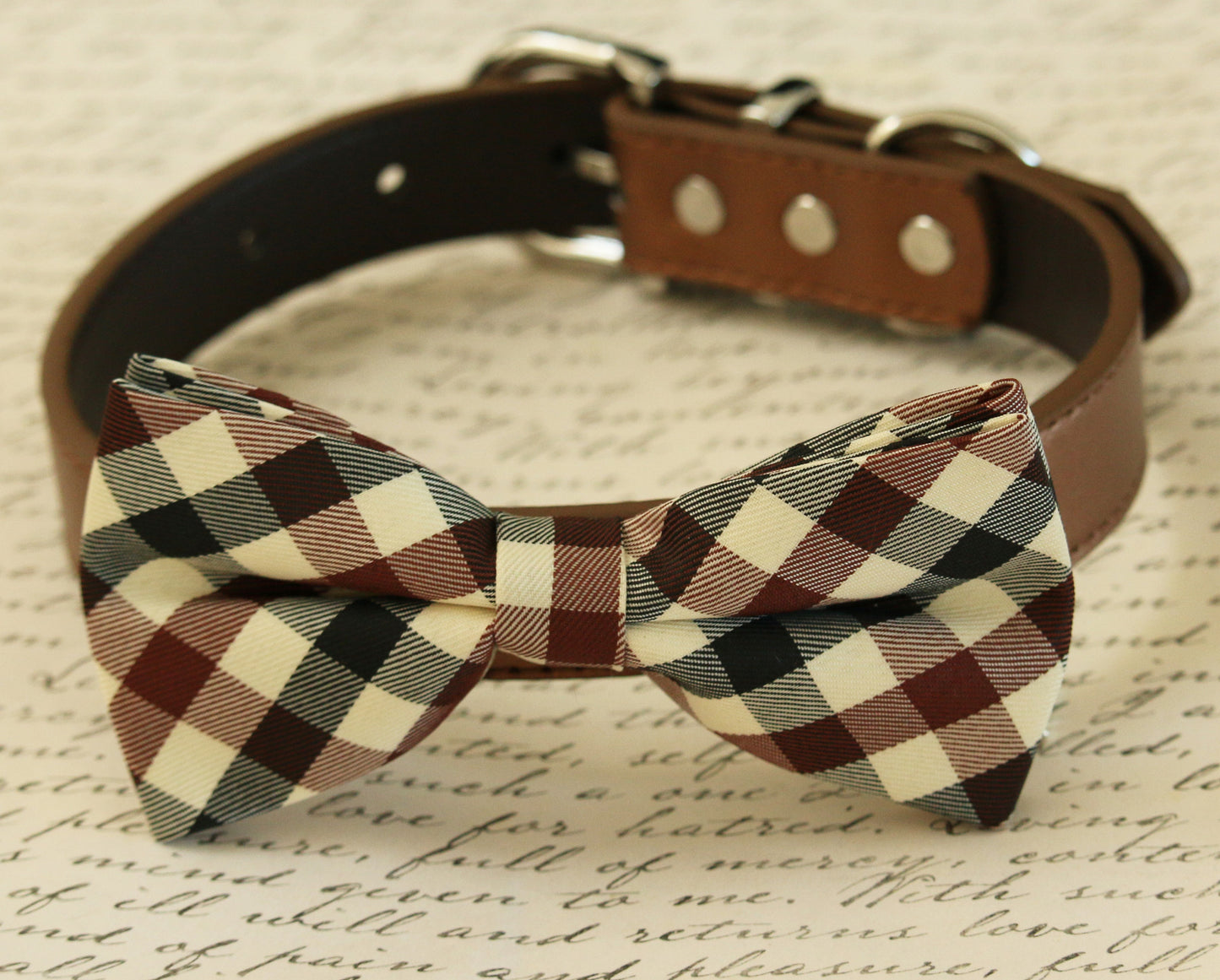 Plaid dog bow tie collar, Black, Brown and Ivory bow, Dog collar , Wedding dog collar