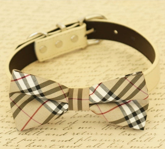 Dog Bow Tie Plaid Burly wood collar, dogs birthday gift, Puppy lovers, Ivory, Pet accessory , Wedding dog collar