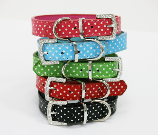 Green Polka dots dog collar, Rhinestone buckle, Cat pet collar, PU Leather - LA Dog Store  - 1