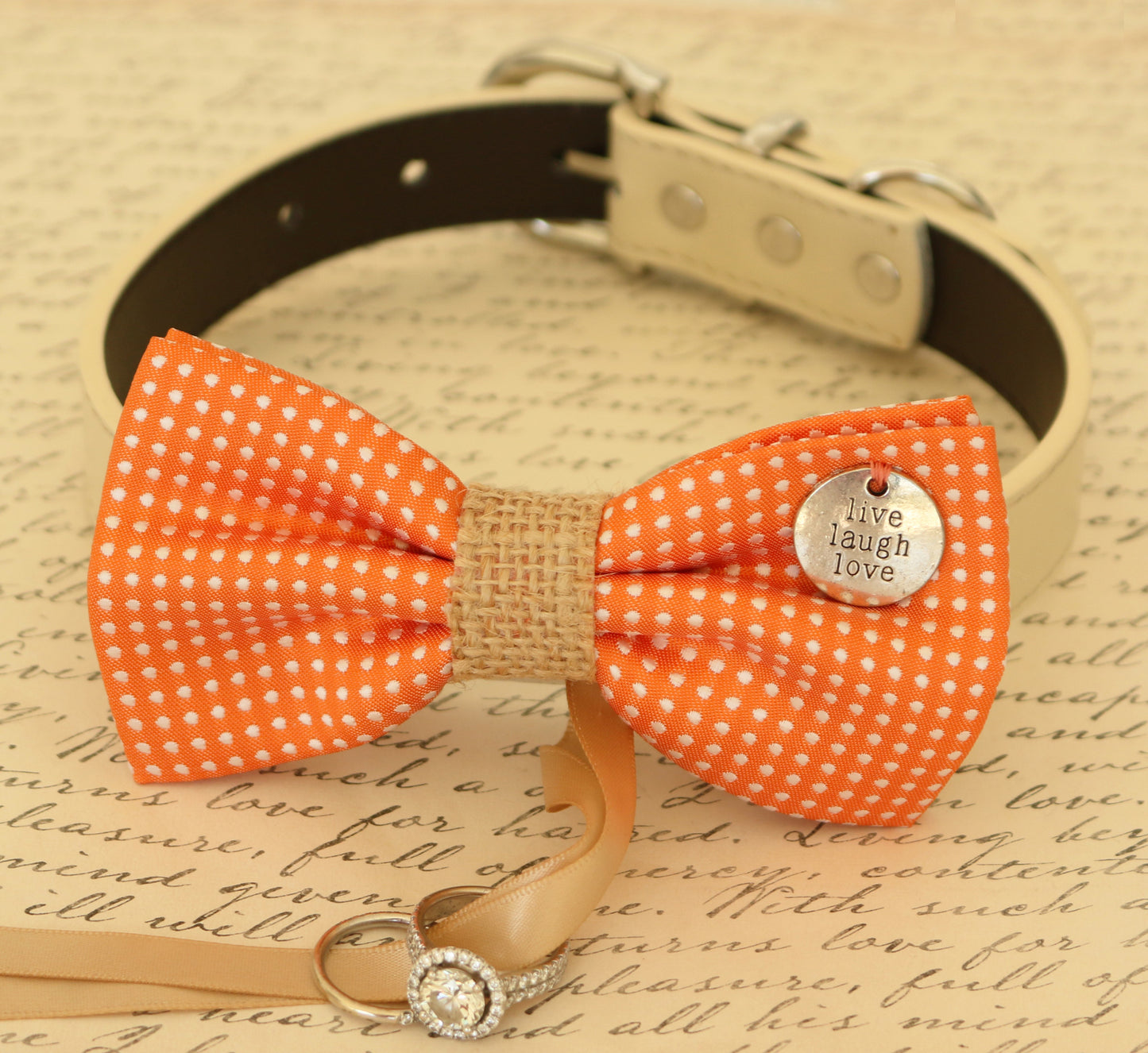 Orange Dog Bow Tie attached to dog collar, Dog ring bearer , Wedding dog collar