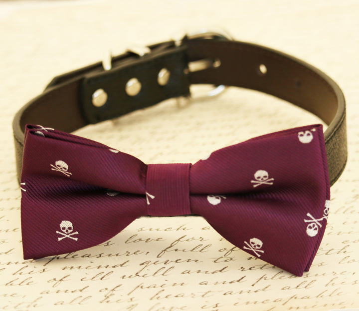 Purple dog bow tie attached to collar, Skull bow tie, wedding accessory , Wedding dog collar