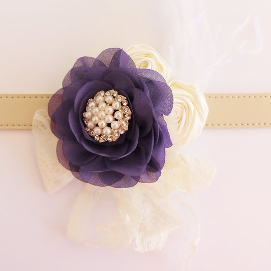 Purple Flower dog collar, Handmade pearl beaded feather flower leather collar, Dog ring bearer proposal, S to XXL collar , Wedding dog collar