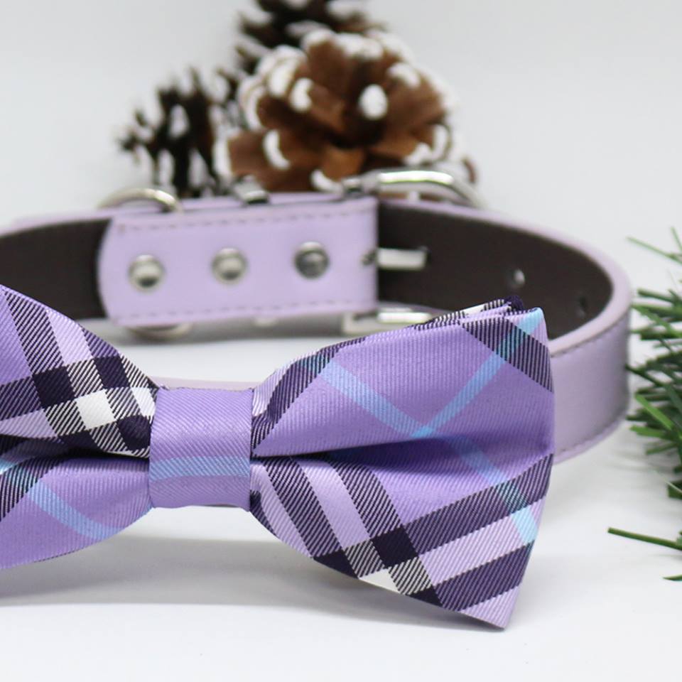 Lavender Dog Bow Tie, Pet wedding accessory, Christmas Gifts, Puppy Lovers, Plaid Collar , Wedding dog collar