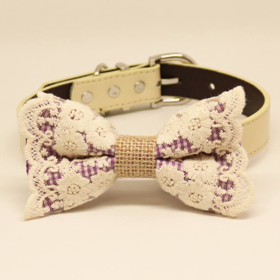 Purple Plaid Dog Bow Tie Collar, Pet Wedding, birthday gift, Lace and Burlap , Wedding dog collar