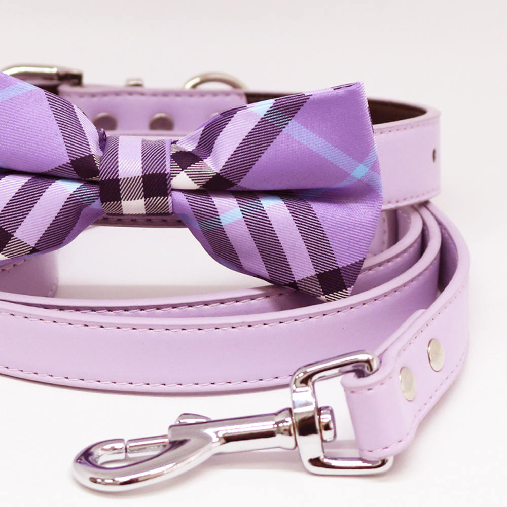 Plaid Lavender Bow tie Dog collar Lilac Leash, Handmade Gifts, Puppy Love, Pets wedding , Wedding dog collar