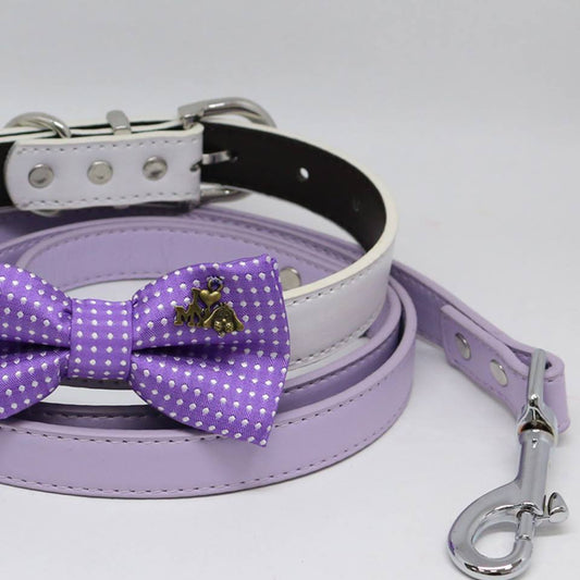 Purple Polka Dots Bow tie, Dog collar Lilac Leash, Charm( I Love my Dog), Handmade Gift, Pets wedding , Wedding dog collar