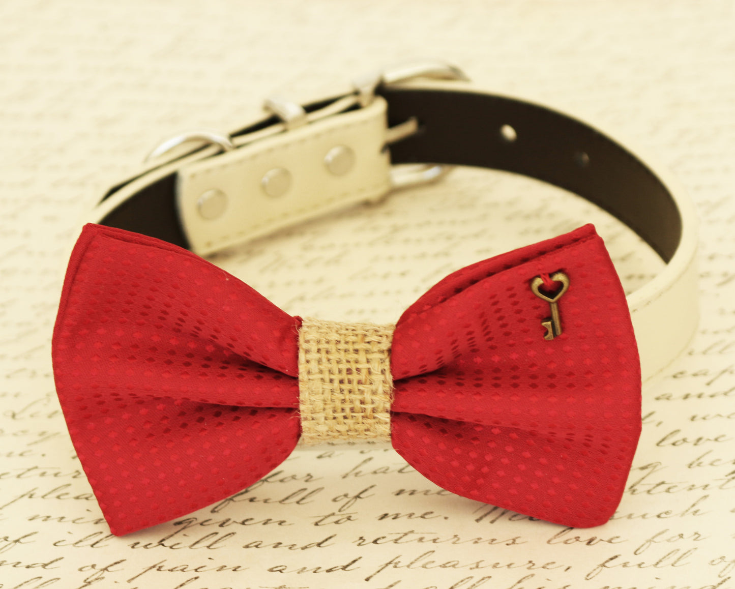 Red Wedding Dog Bow Tie attached to collar, Burlap, Polka dots, Charm , Wedding dog collar