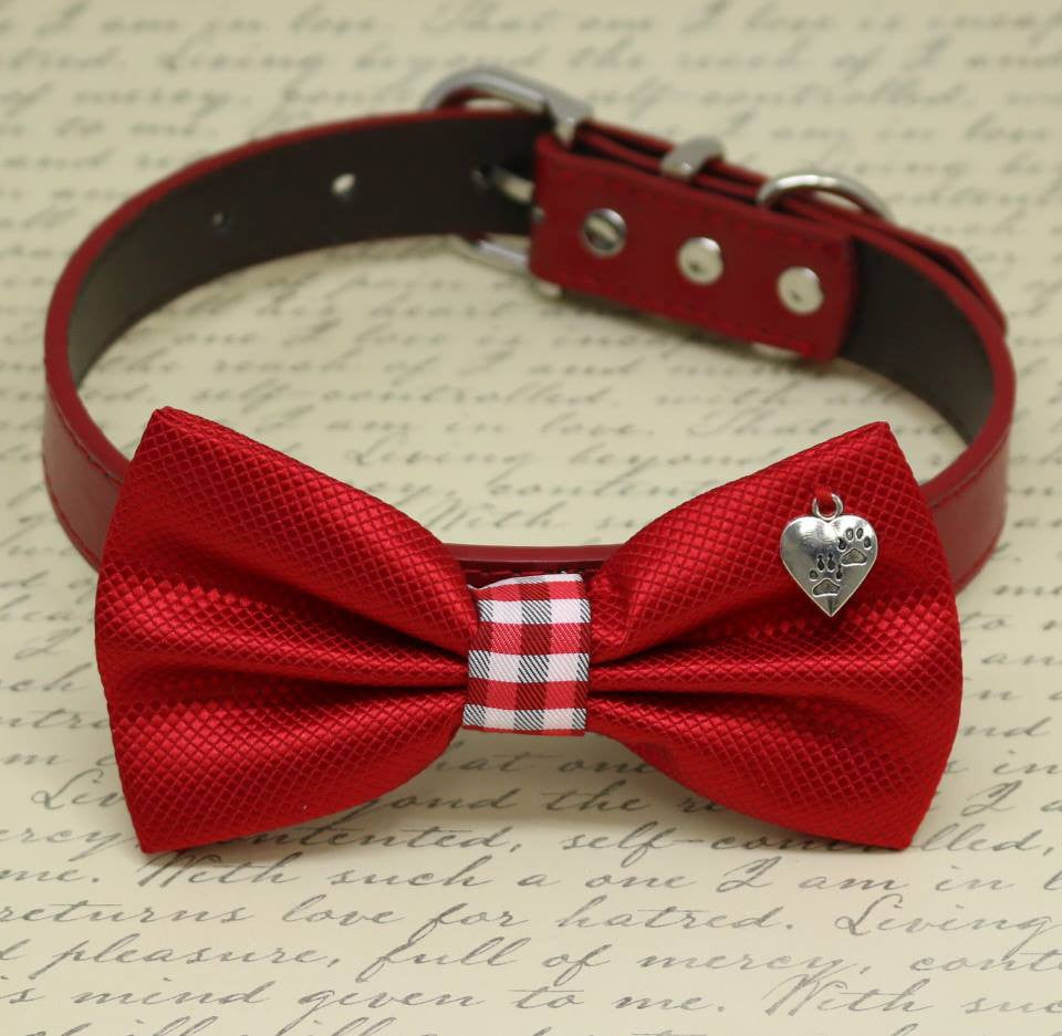 Red Dog Bow tie Collar, heart, paw, birthday gift, Pet wedding accessory, dog Lovers , Wedding dog collar
