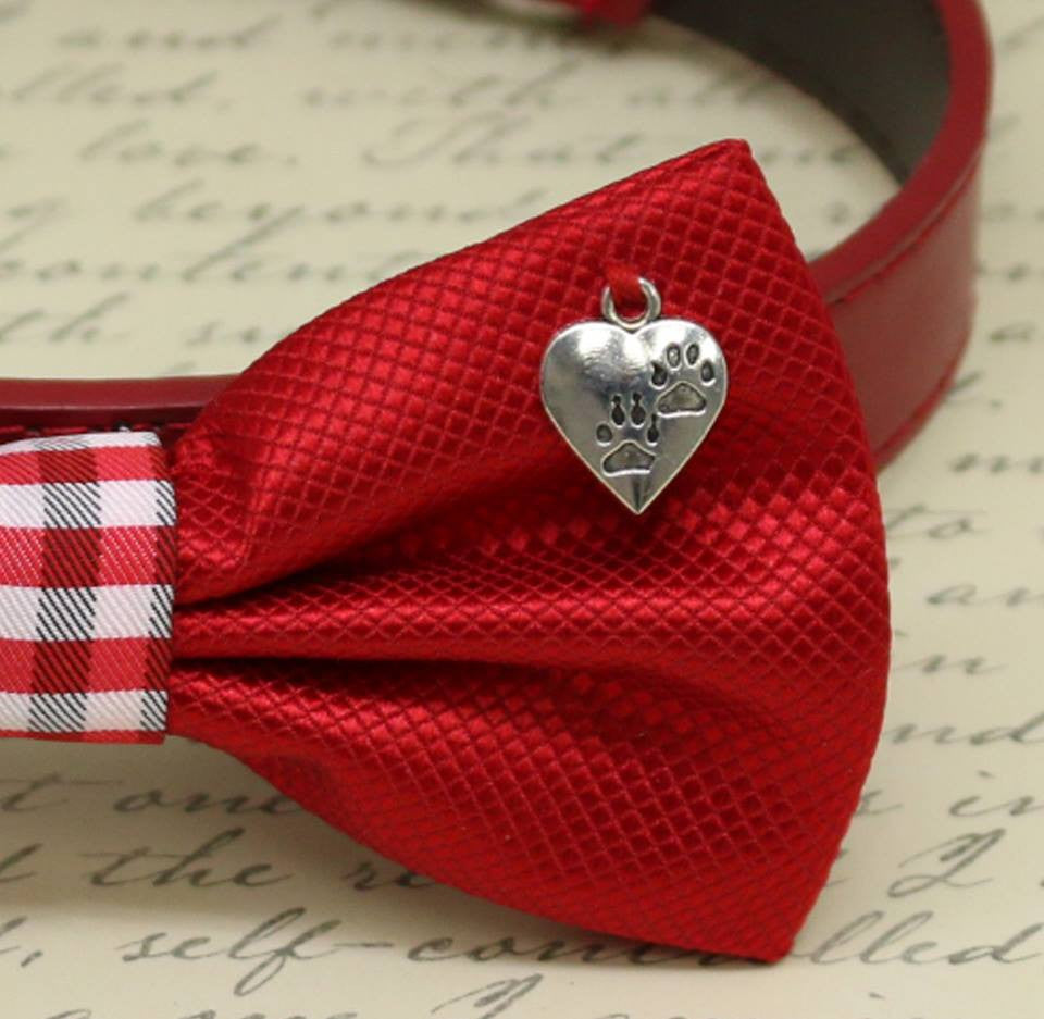 Red Dog Bow tie Collar, heart, paw, birthday gift, Pet wedding accessory, dog Lovers , Wedding dog collar