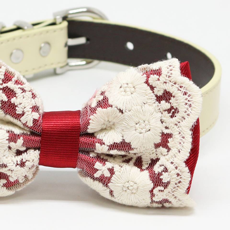 Red Lace Dog Bow Tie, Pet Wedding accessory, Cute, Chic, Birthday, Victorian , Wedding dog collar